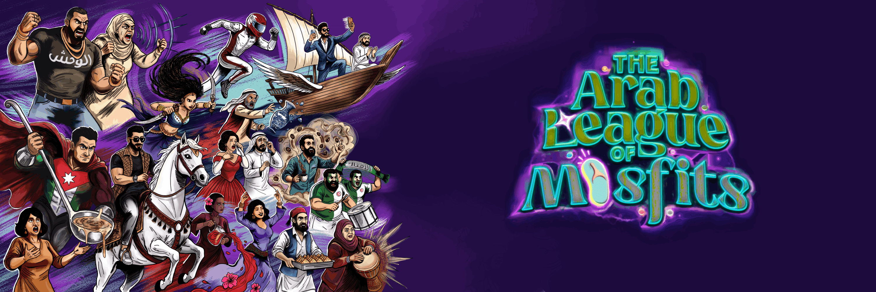 Key art for The Arab League of Misfits, a satirical deckbuilder from Arab-led studio Le Cabinet du Savoir Ludique