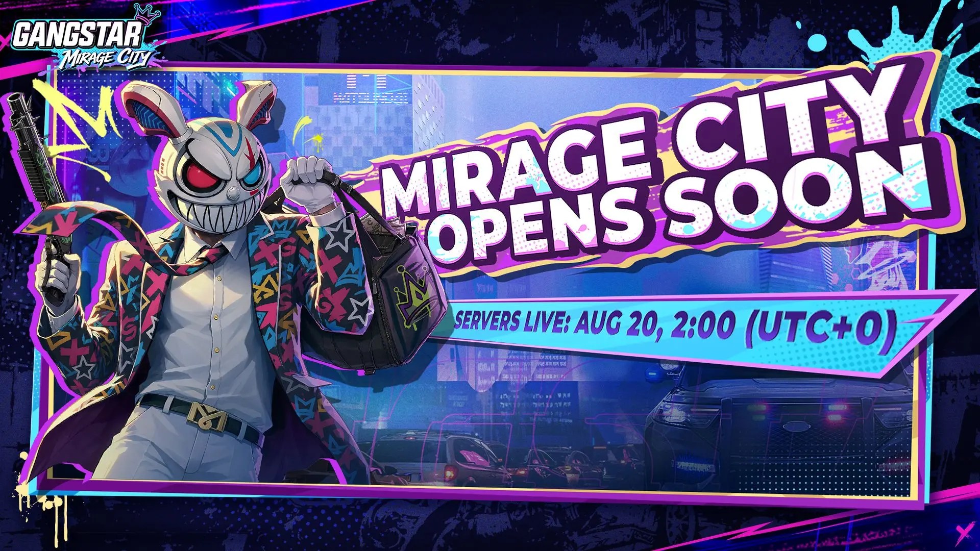 Gangstar Mirage City launch banner announcing the game's August 20 arrival on iOS and Android