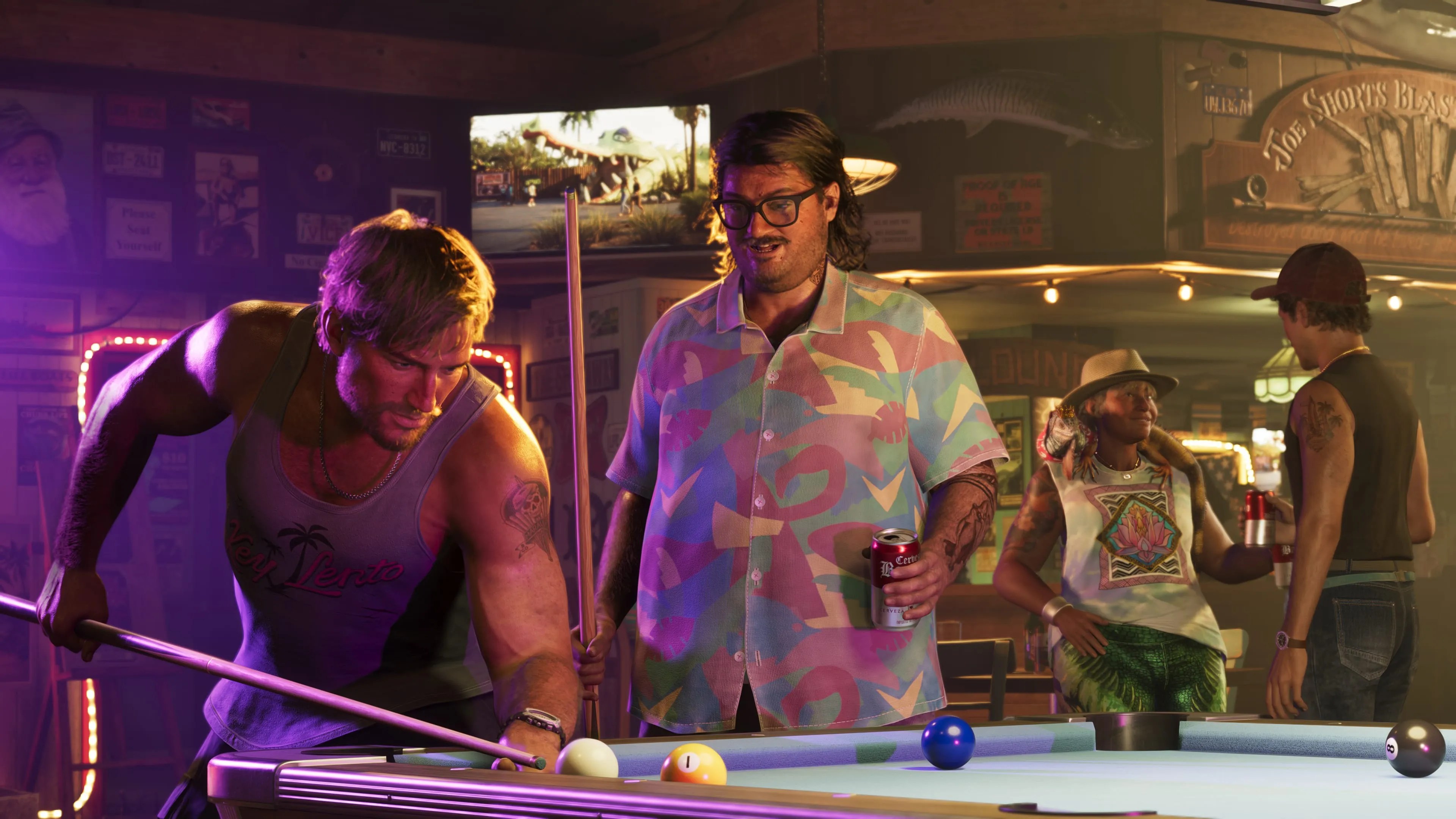 Leaked GTA 6 gameplay screenshot of Jason playing pool in a neon-lit Vice City bar
