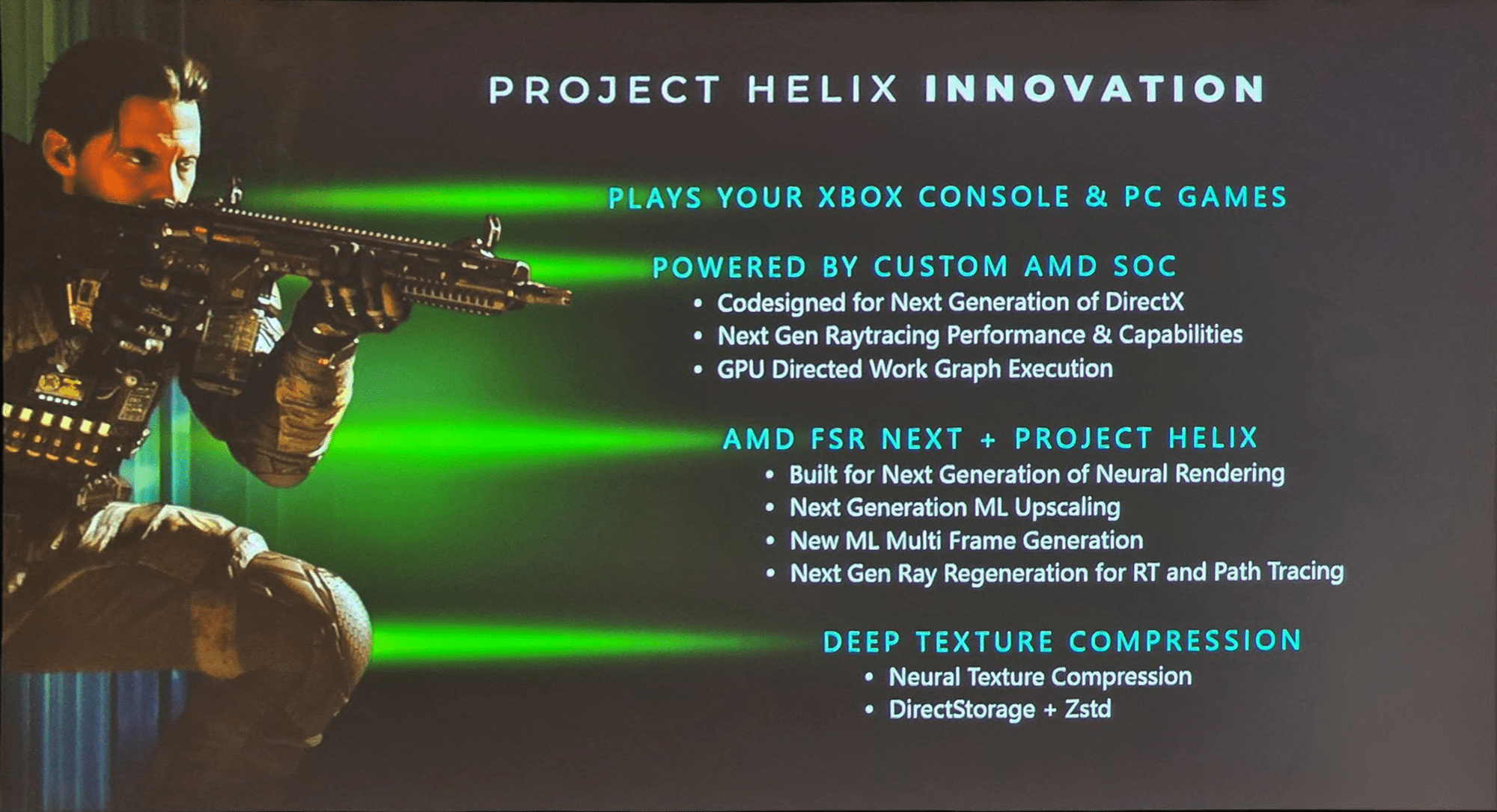 Project Helix innovation slide showing Xbox console and PC game compatibility alongside AMD-powered specs