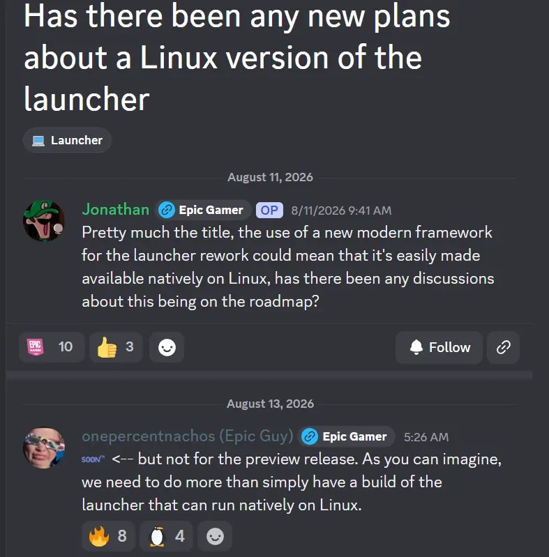 Epic staff Discord AMA response confirming the Epic Games Store Linux client is coming