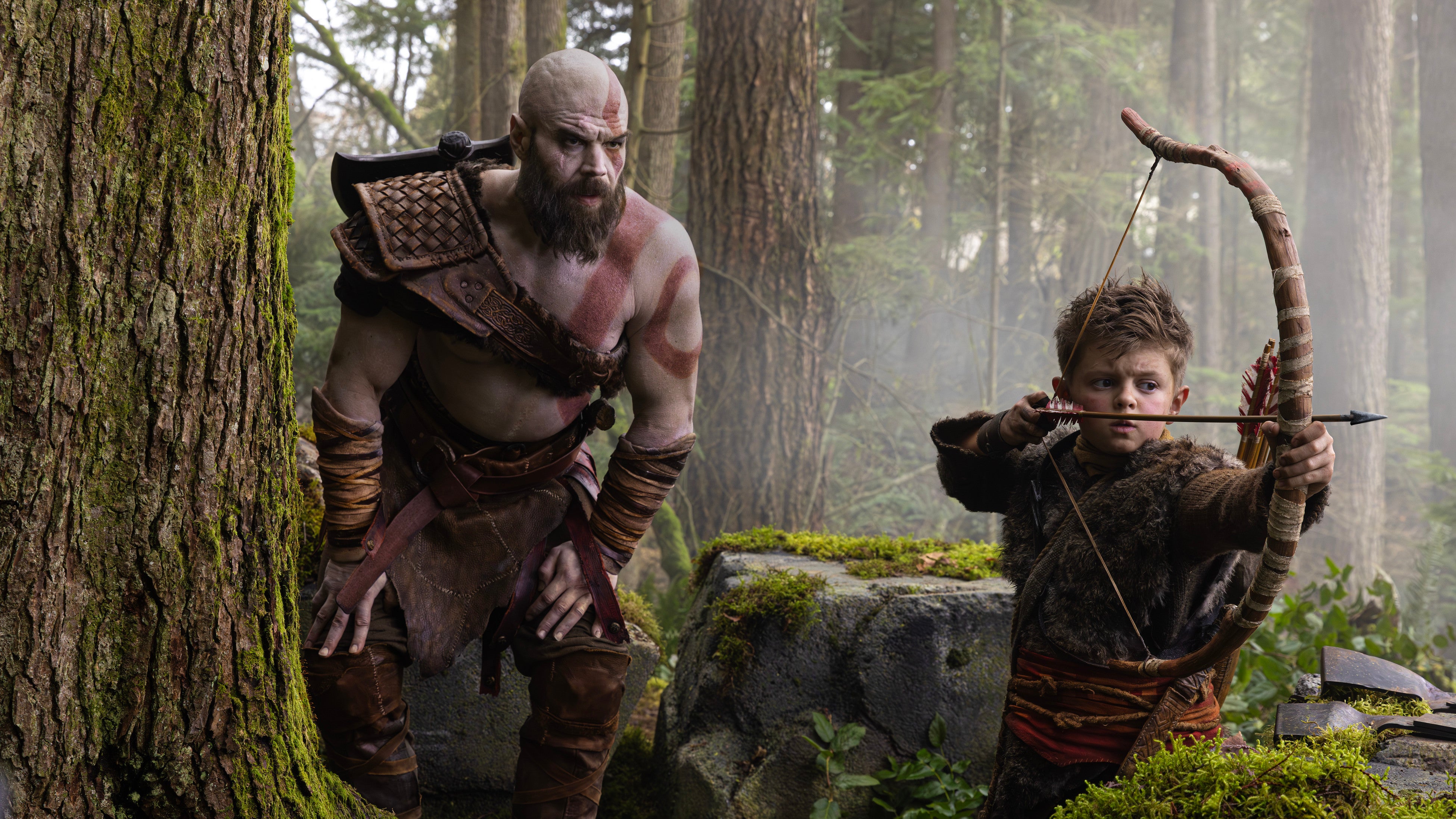 Prime Video's official first look at Ryan Hurst as Kratos and Atreus in a forest