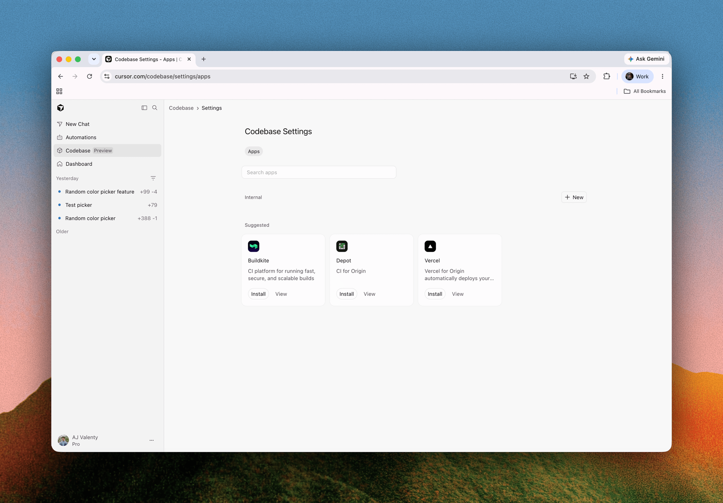 Cursor Origin codebase settings showing Vercel, Depot and Buildkite integrations
