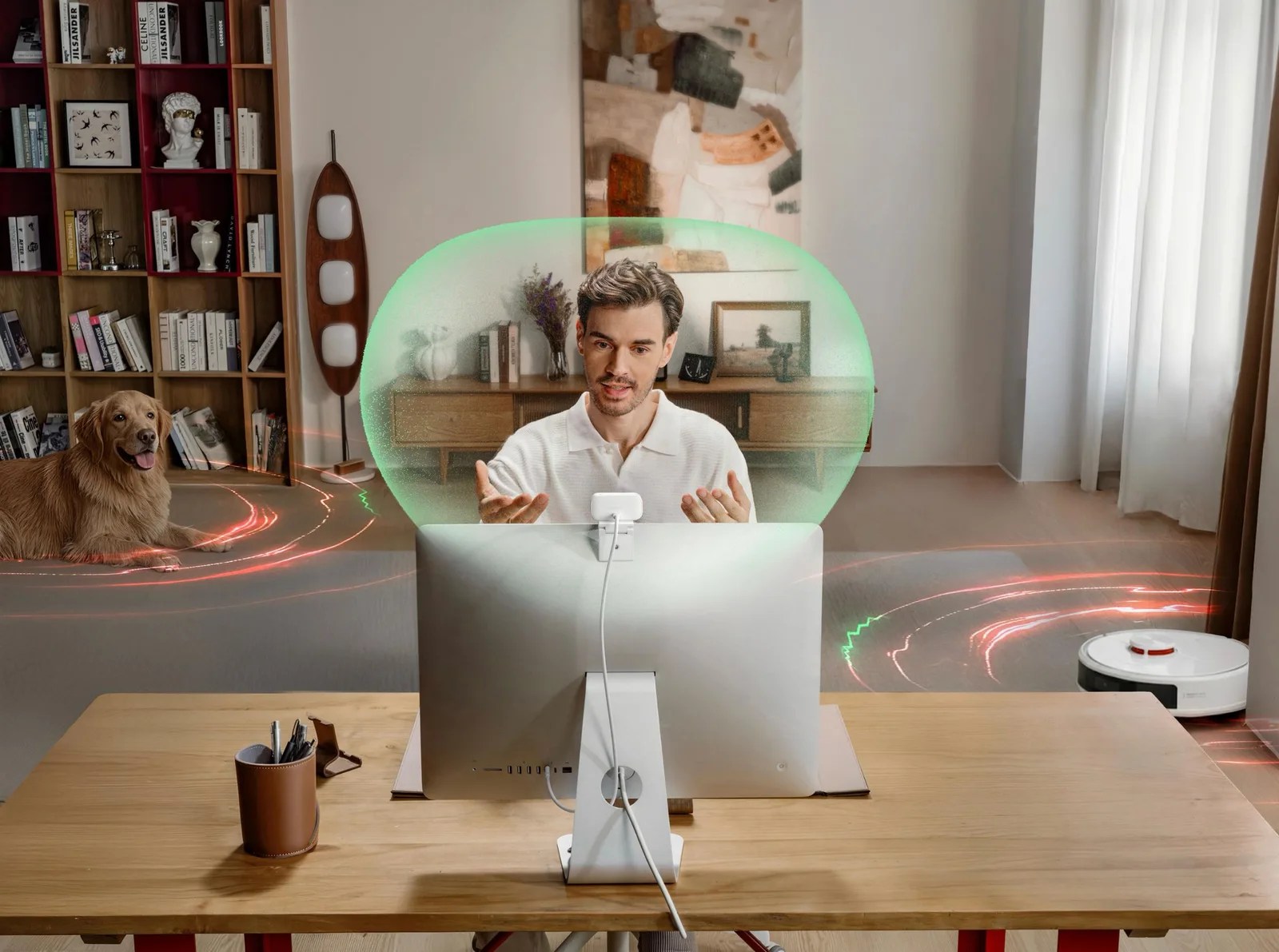 Insta360 AI 4K webcam in Arctic White tracking a speaker on a video call in a home office