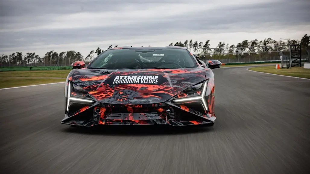 Lamborghini Revuelto SV prototype in camouflage lapping the Hockenheimring during its record run