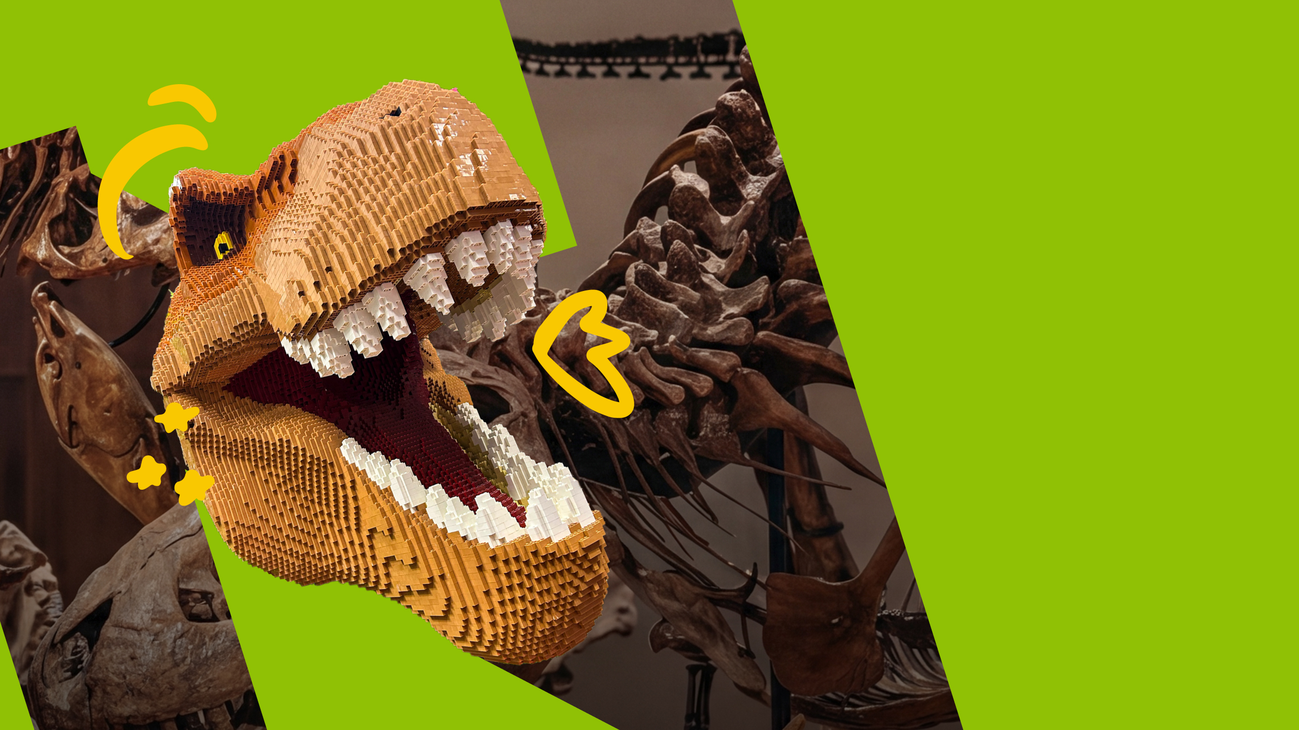 LEGO T-Rex head sculpture beside real dinosaur fossils at Natural History Museum Abu Dhabi
