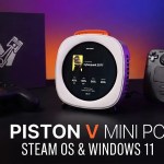 Piston V mini PC with circular touch display showing Cyberpunk 2077 performance stats