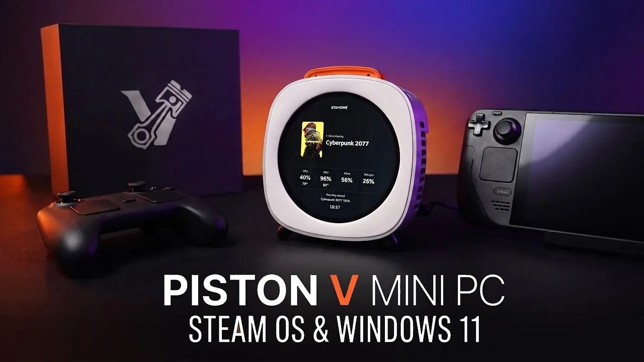 Piston V mini PC with circular touch display showing Cyberpunk 2077 performance stats