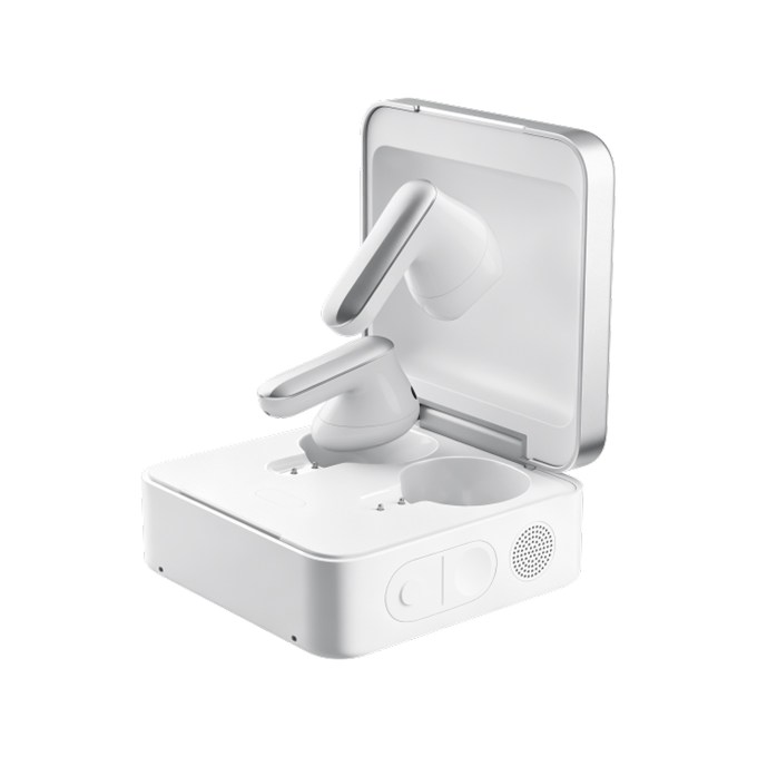 Open Plaud One charging case holding the white earbuds, with a speaker grille on the case front