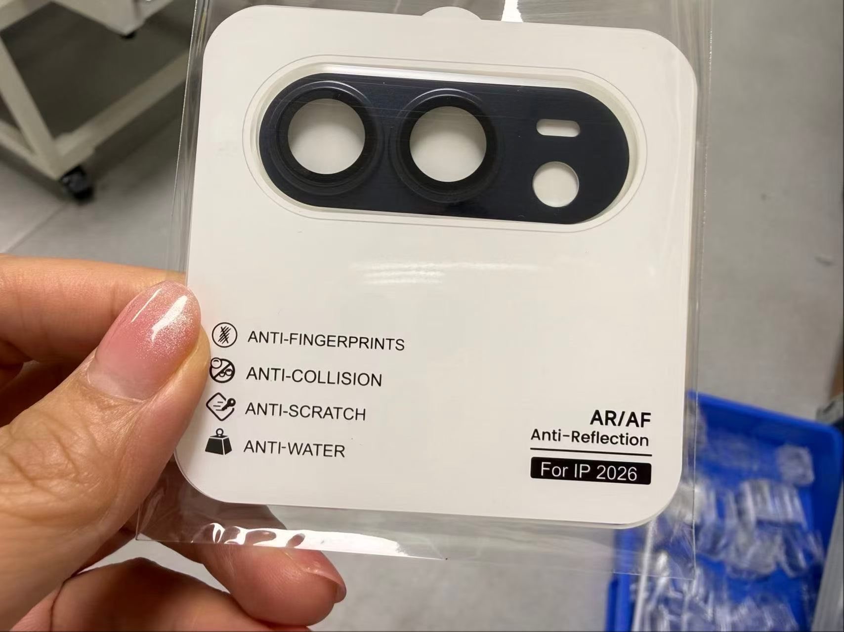 Leaked dark blue camera protector for Apple's foldable iPhone Ultra in its packaging