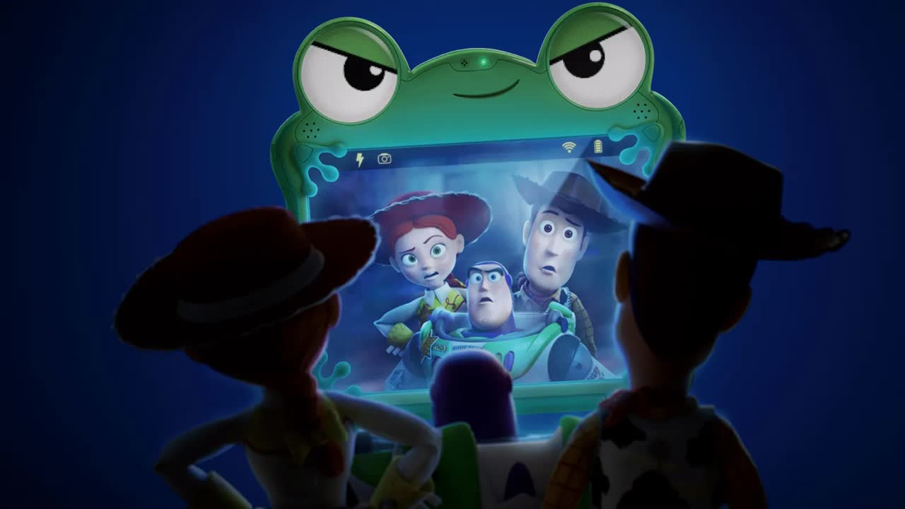 Official Toy Story 5 poster art of Woody and Jessie from behind, watching the green Lilypad tablet show a video call from Buzz Lightyear