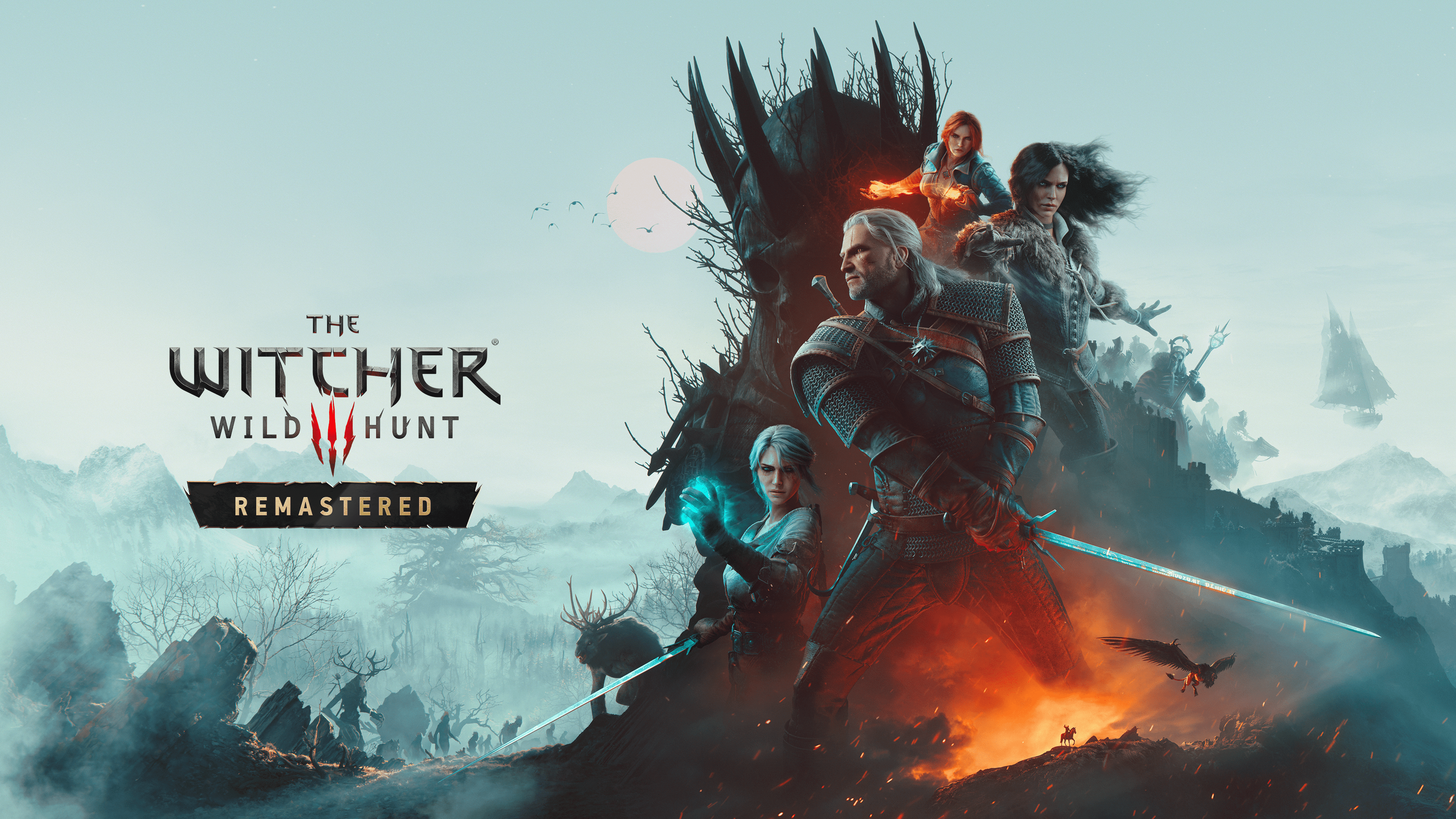The Witcher 3 Remastered key art of Geralt, Ciri, Yennefer and Triss facing the Wild Hunt