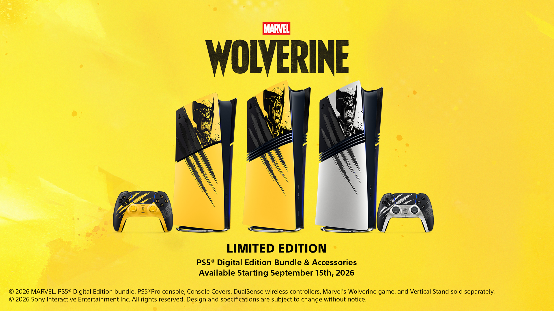 Marvel's Wolverine limited edition PS5 Digital Edition bundle with yellow DualSense controllers