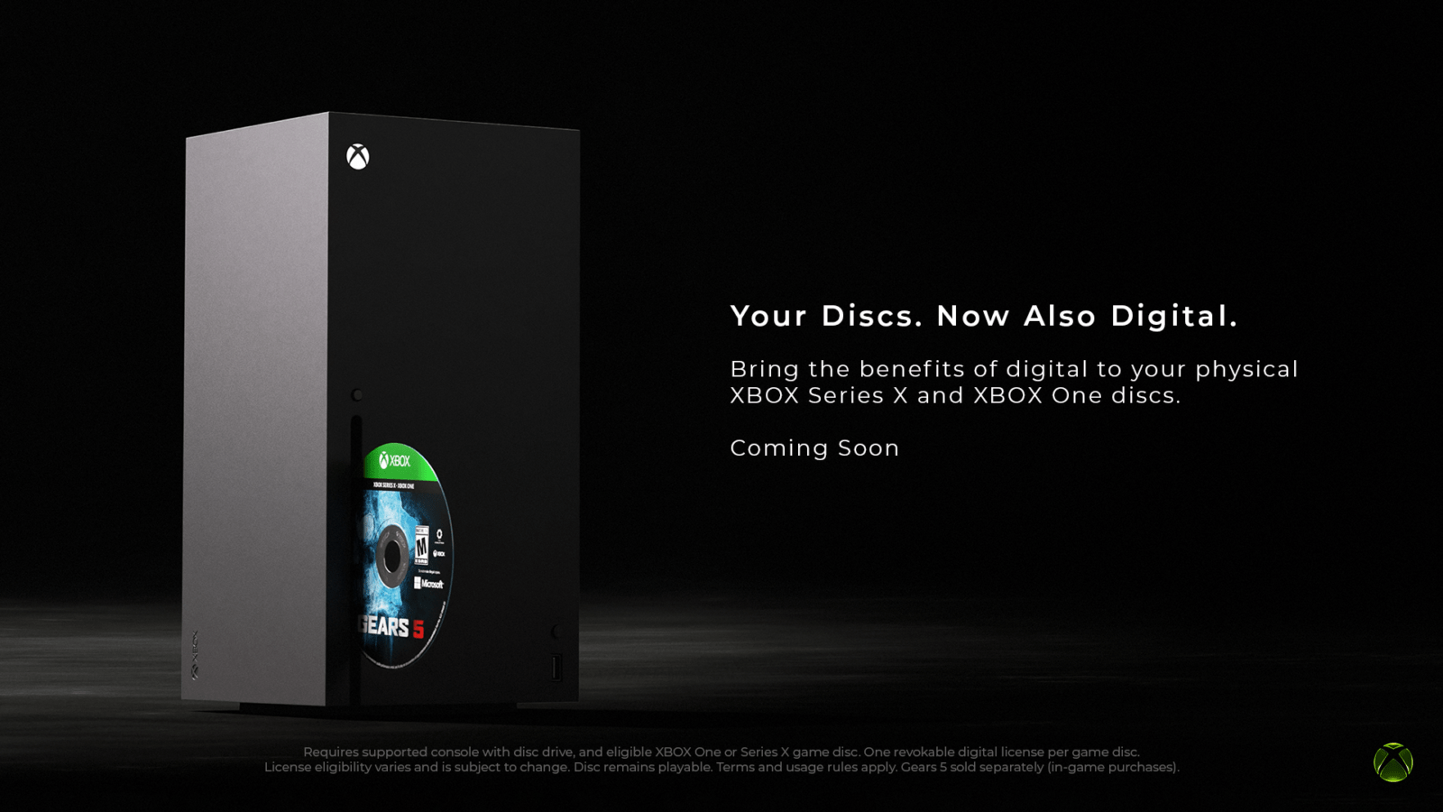 Xbox Series X console with a Gears 5 disc in the drive, key art for Xbox's disc-to-digital feature