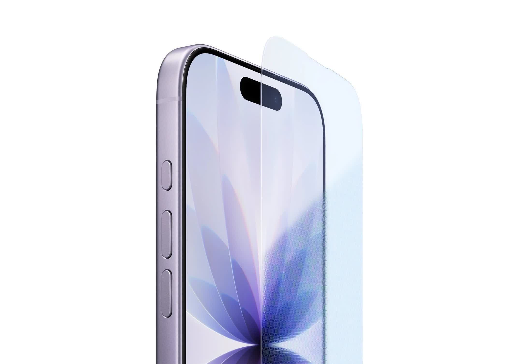 iPhone screen protector lifted over Apple display glass
