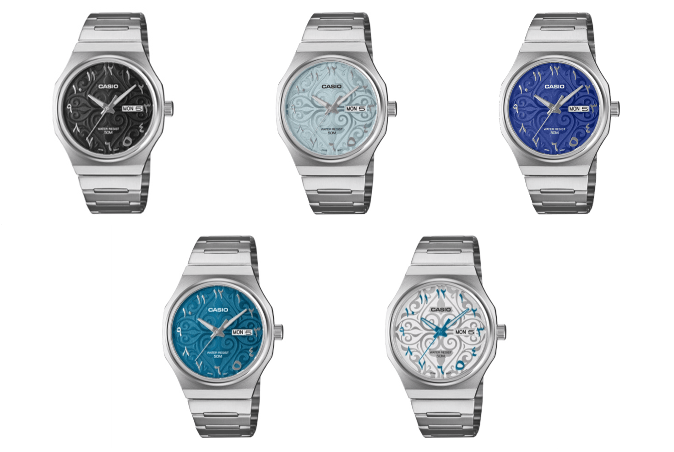 CASIO Arabic-dial watch collection with arabesque faces and Eastern Arabic numerals