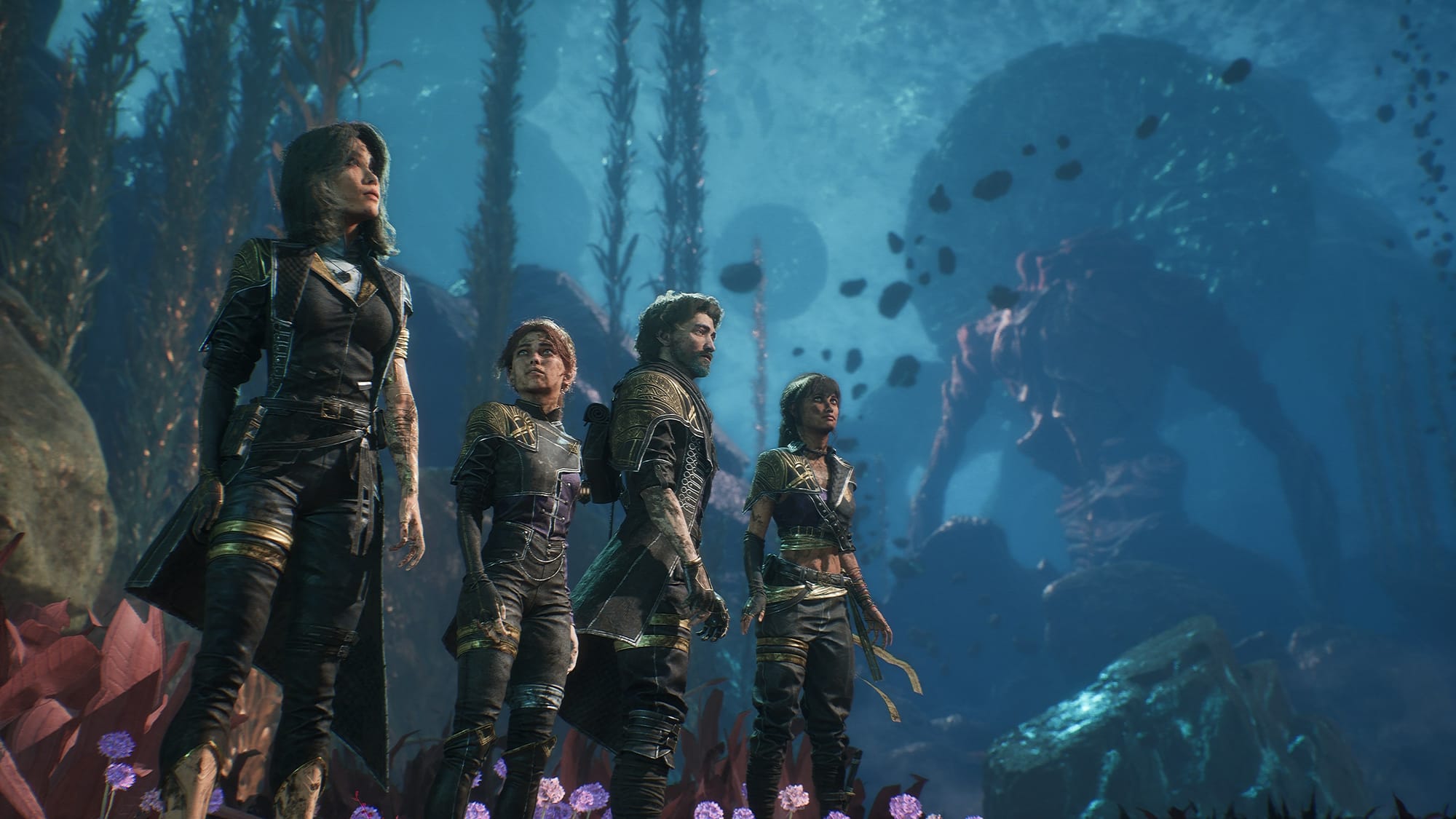 Clair Obscur: Expedition 33 party members face a giant creature underwater