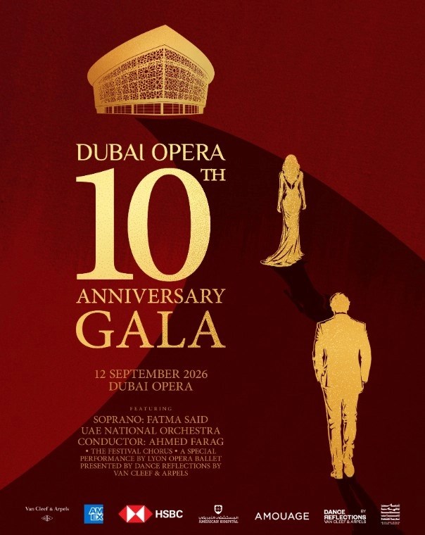Dubai Opera 10th anniversary gala poster with gold figures and red background