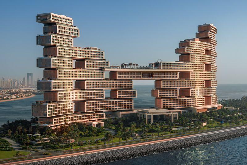 Atlantis The Royal resort on Dubai Palm Jumeirah at sunset
