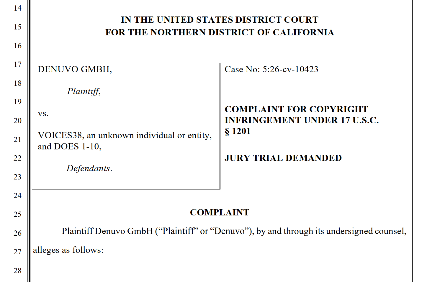 Denuvo complaint naming voices38 in federal court filing