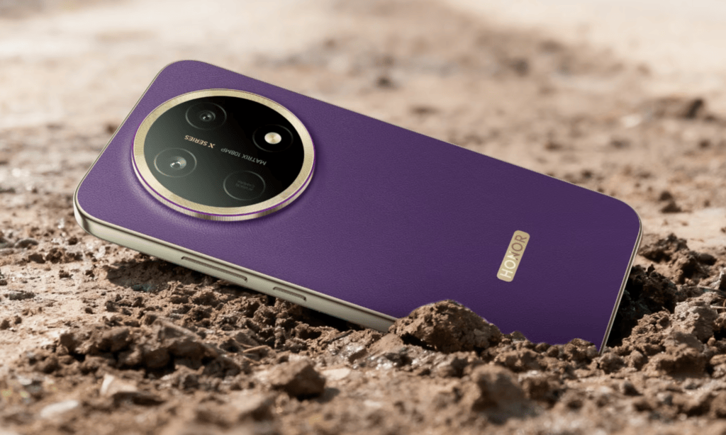 HONOR X9e Pro purple phone with 108MP camera on rugged ground