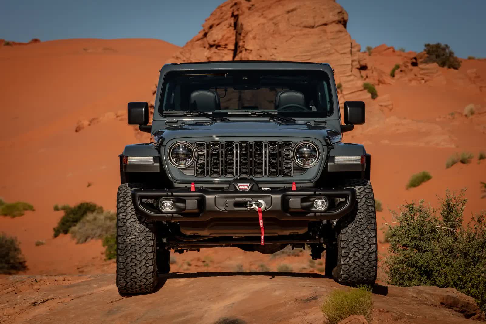Grey Jeep Wrangler in the desert affected by power steering recall