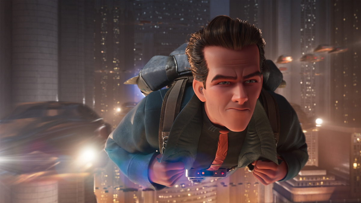 Ray Gunn flying through a futuristic city in official Netflix artwork