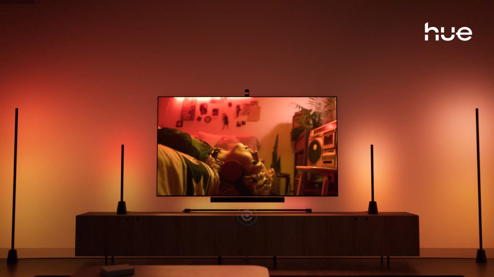 Philips Hue Play Screen Sync camera above TV with synced lights
