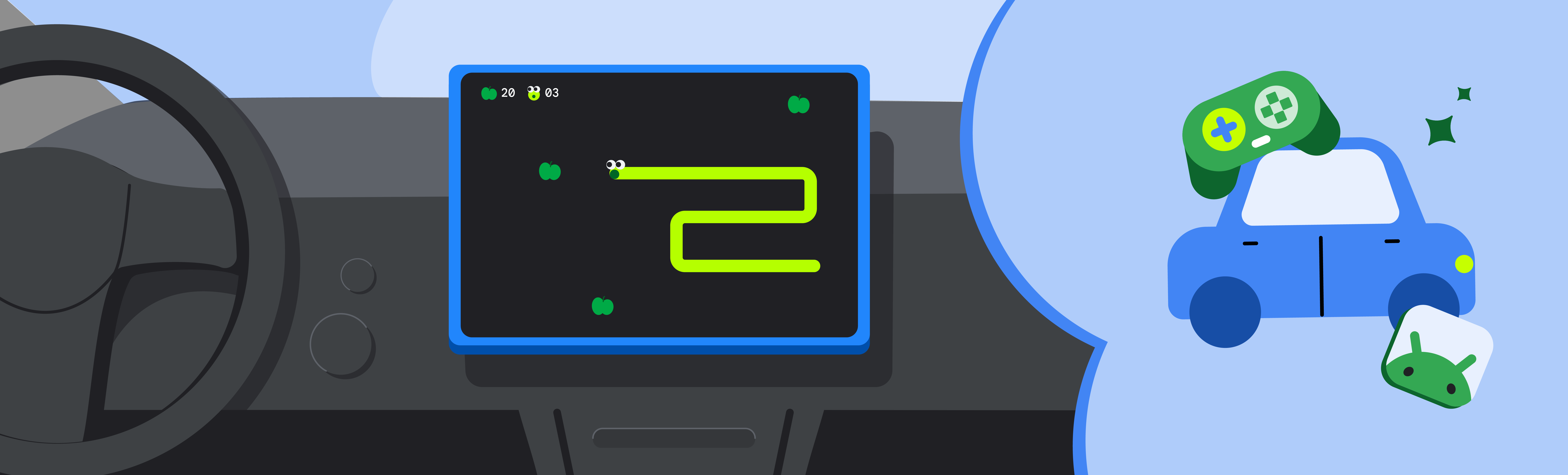 Official Android illustration showing games on a car dashboard