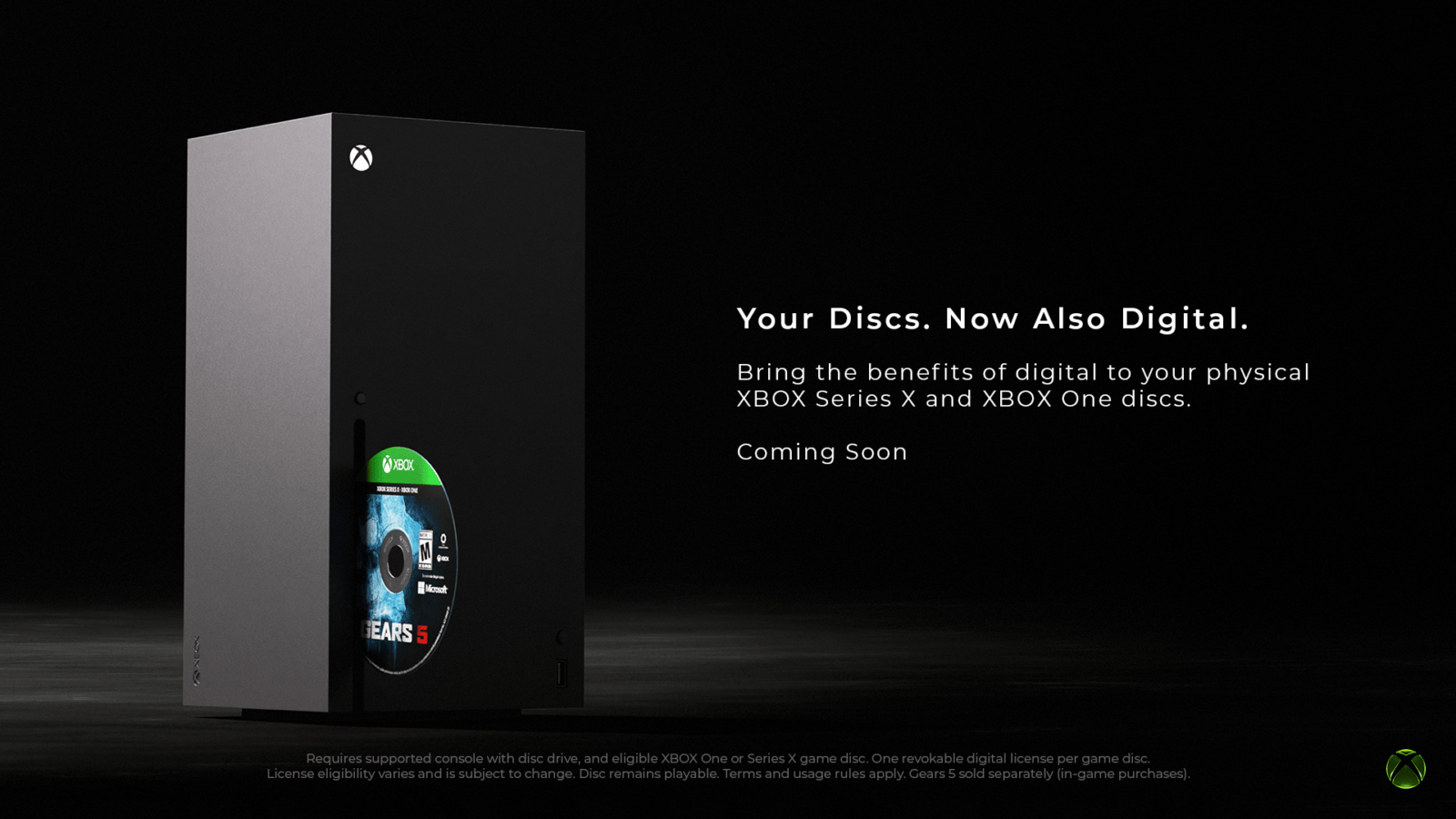 Xbox Series X console and Gears disc representing Xbox disc-to-digital support