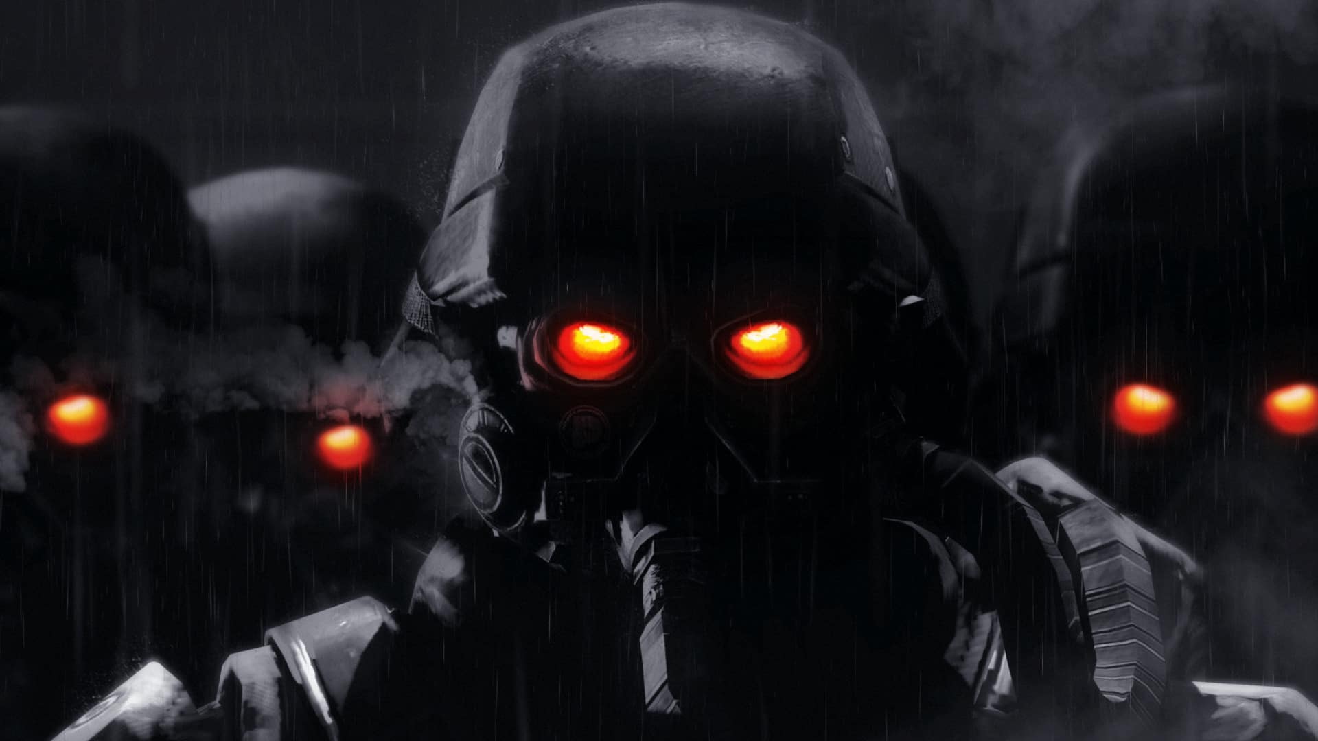 Killzone soldiers with glowing red eyes in a dark rainy battlefield