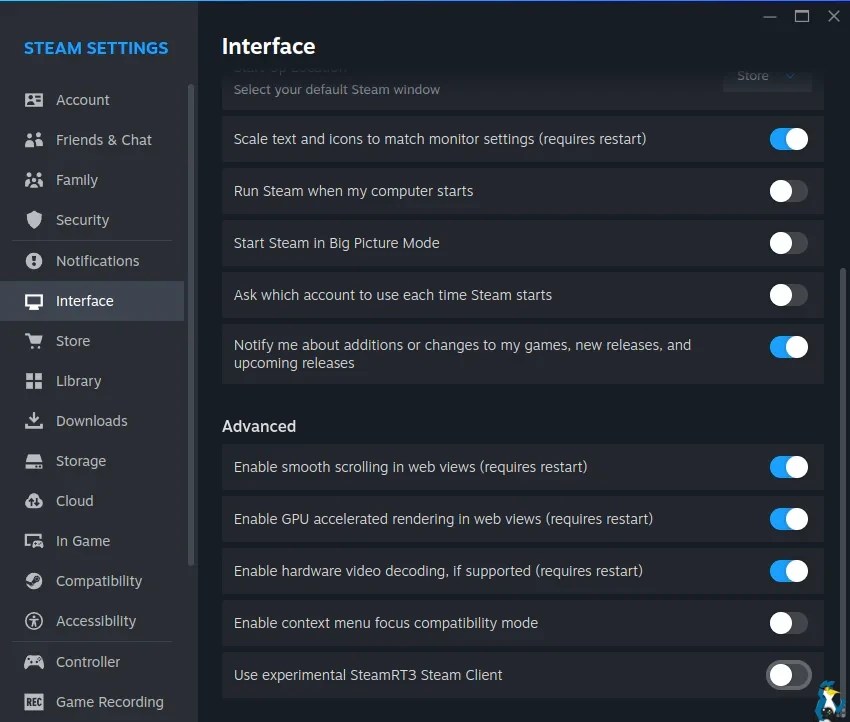 Steam desktop settings showing the experimental SteamRT3 Steam Client option
