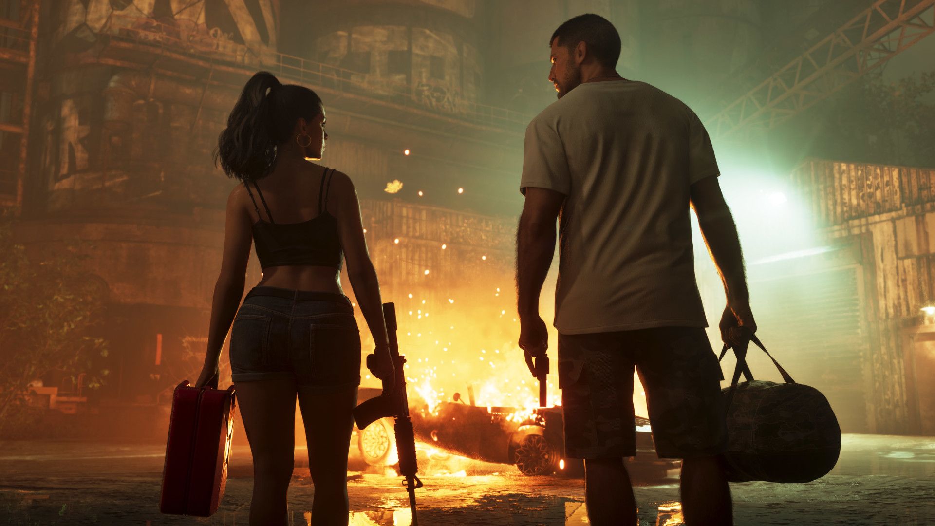 Official GTA 6 artwork shows Jason and Lucia beside a burning vehicle