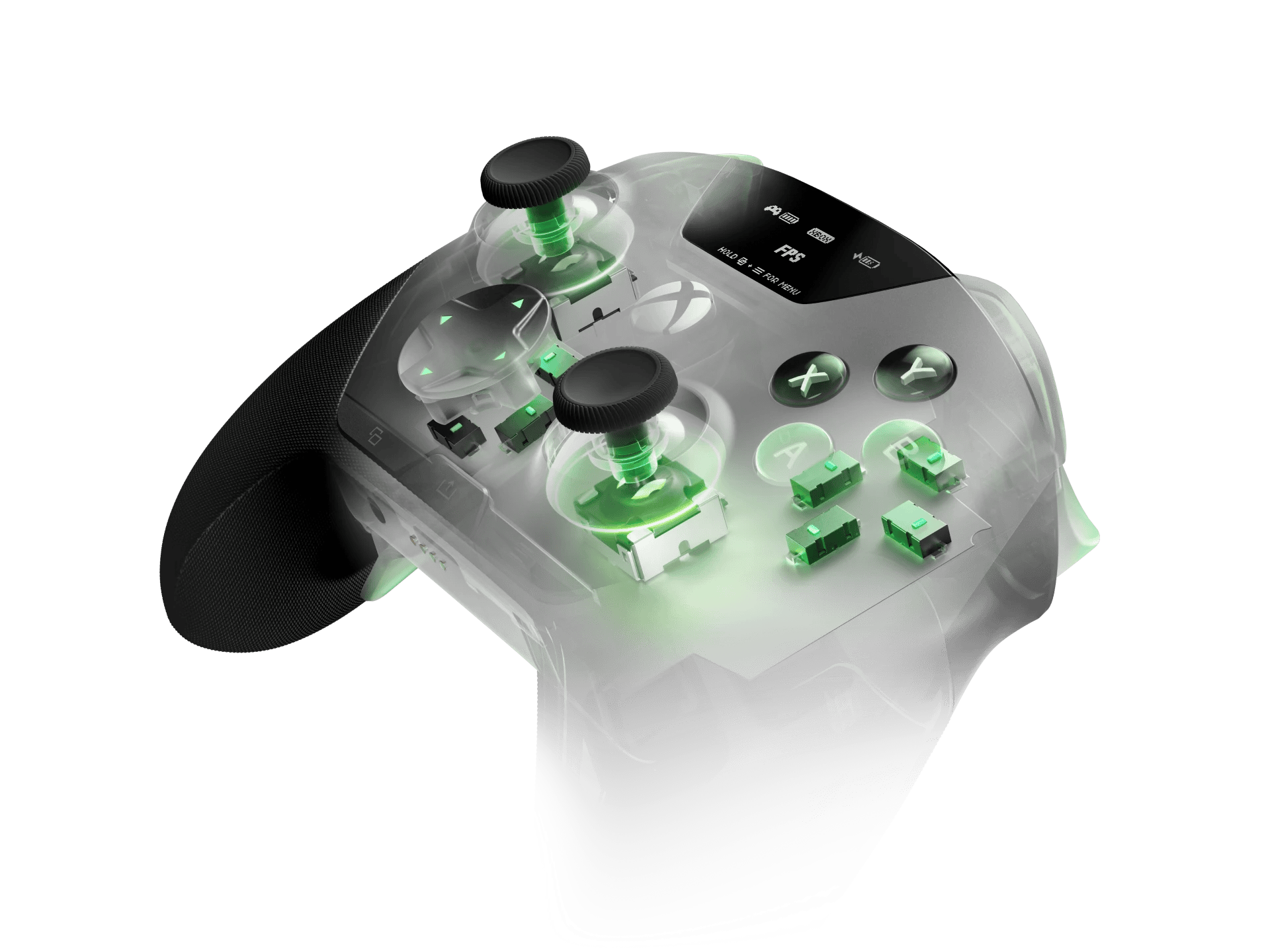 SteelSeries Aeon Pro controller showing its OLED system display