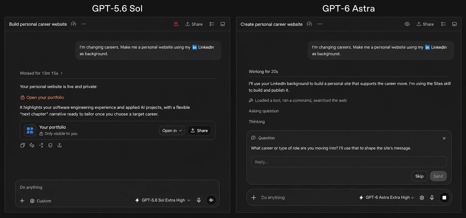 GPT-6 Astra and GPT-5.6 Sol compared while building a personal website