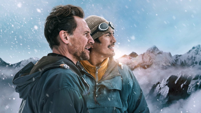 Tenzing and Hillary look across a snowy Himalayan mountain range