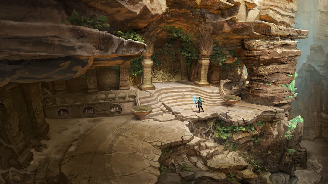 Kena stands before an ancient temple in Kena: Scars of Kosmora