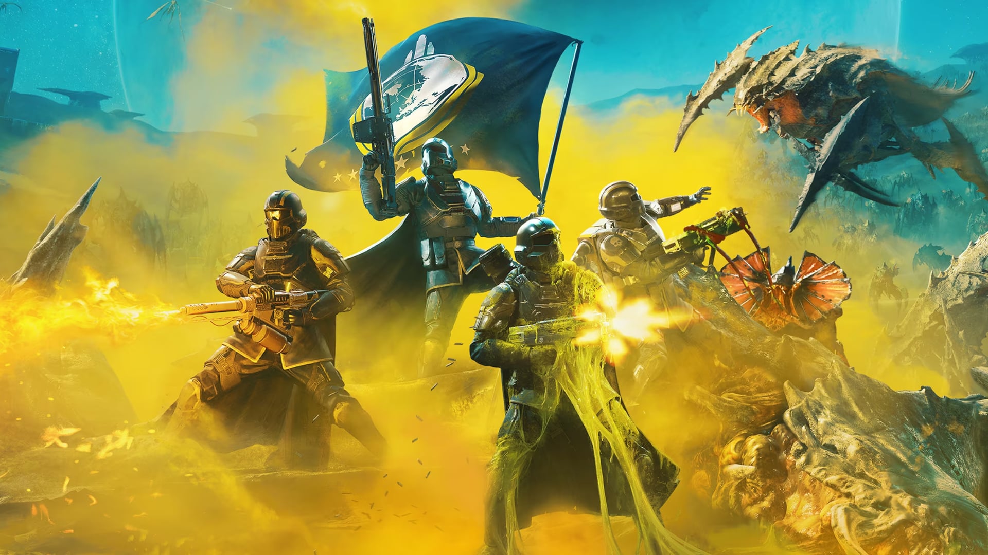 Helldivers 2 key art showing armoured Helldivers soldiers in combat