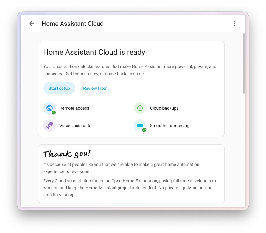 Home Assistant Cloud setup screen lists remote access, backups and voice assistants