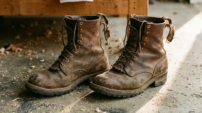 Pair of muddy brown leather boots resting on a gritty concrete surface outdoors, laces loose and scuffed.