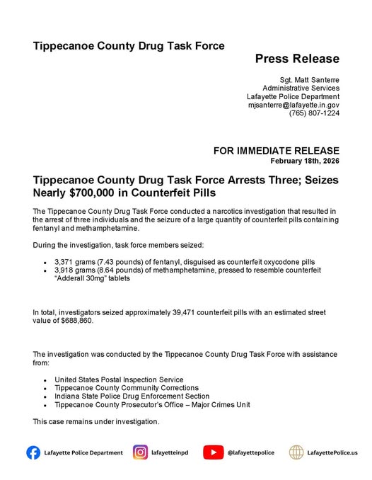 Tippecanoe County Drug Task Force Press Release February 18, 2026