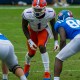 Brenton Cox Jr. (#1) in his stance at outside linebacker for Florida in 2020 game versus Ole Miss