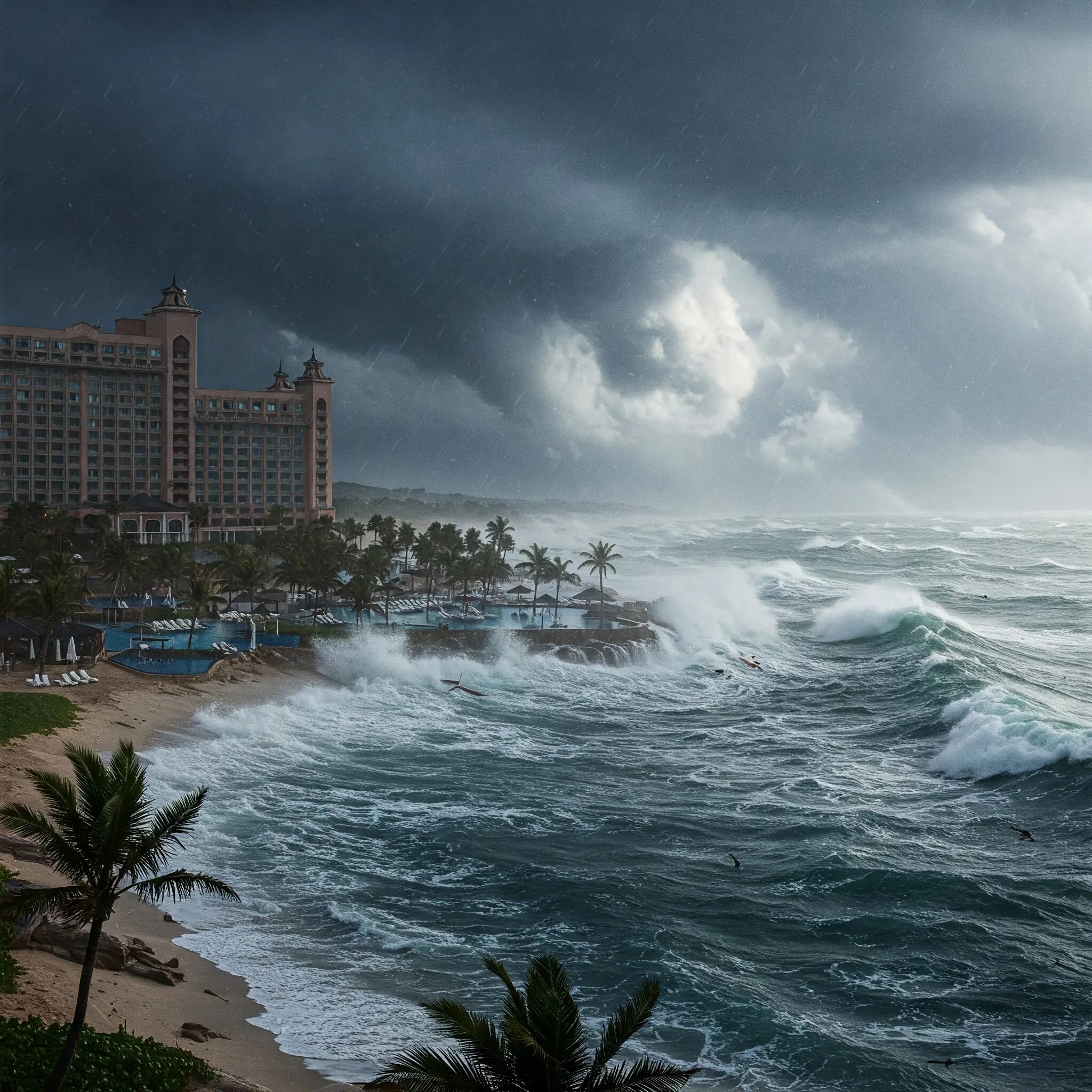hurricane hitting a resort, representing business loss claims and the need for a public adjuster