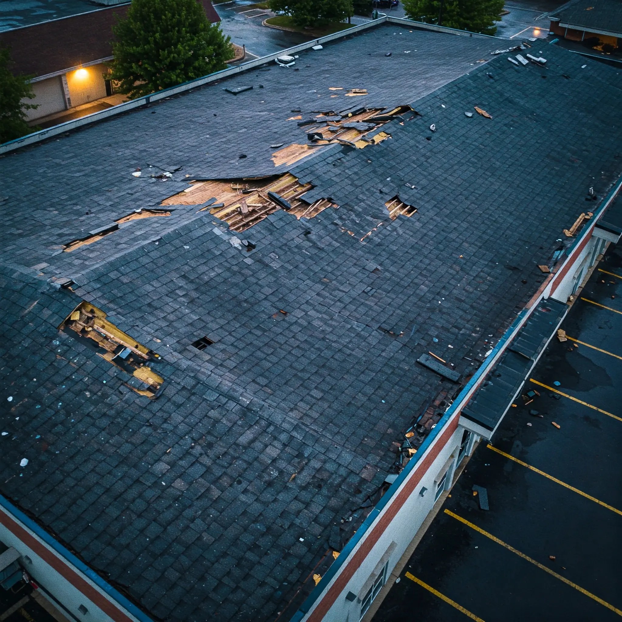 Commercial roof with storm damage representing the David Group's expertise in this form of claim dispute