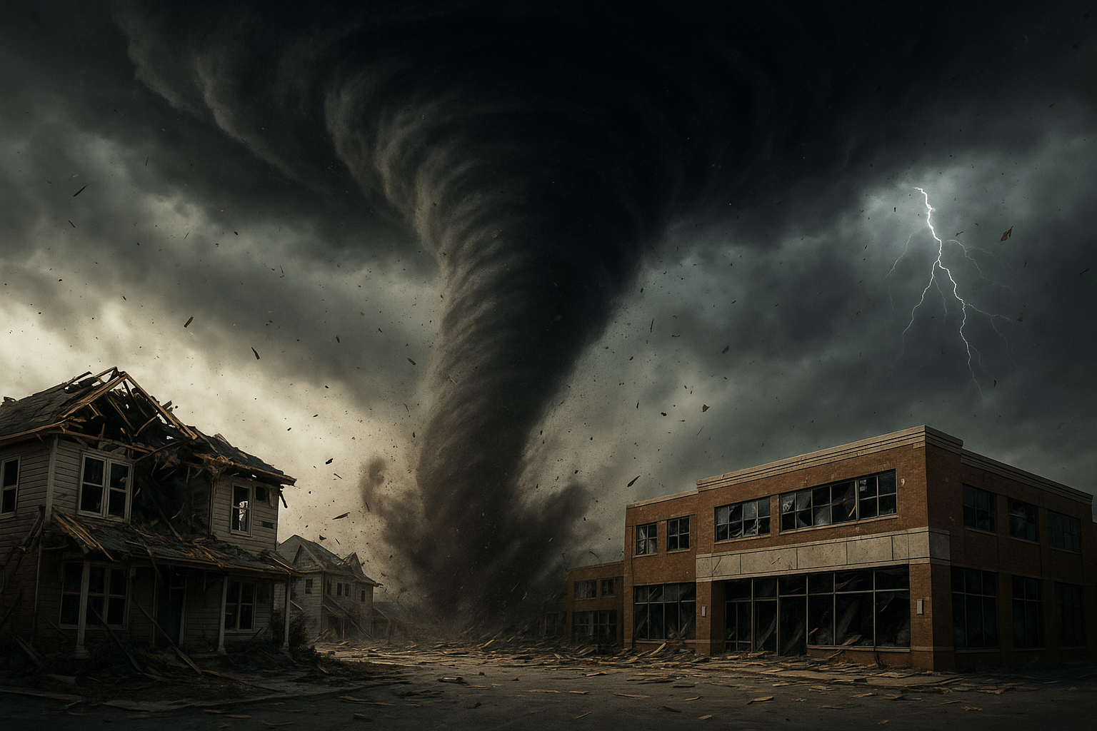 tornado destroying commercial and residential buildings