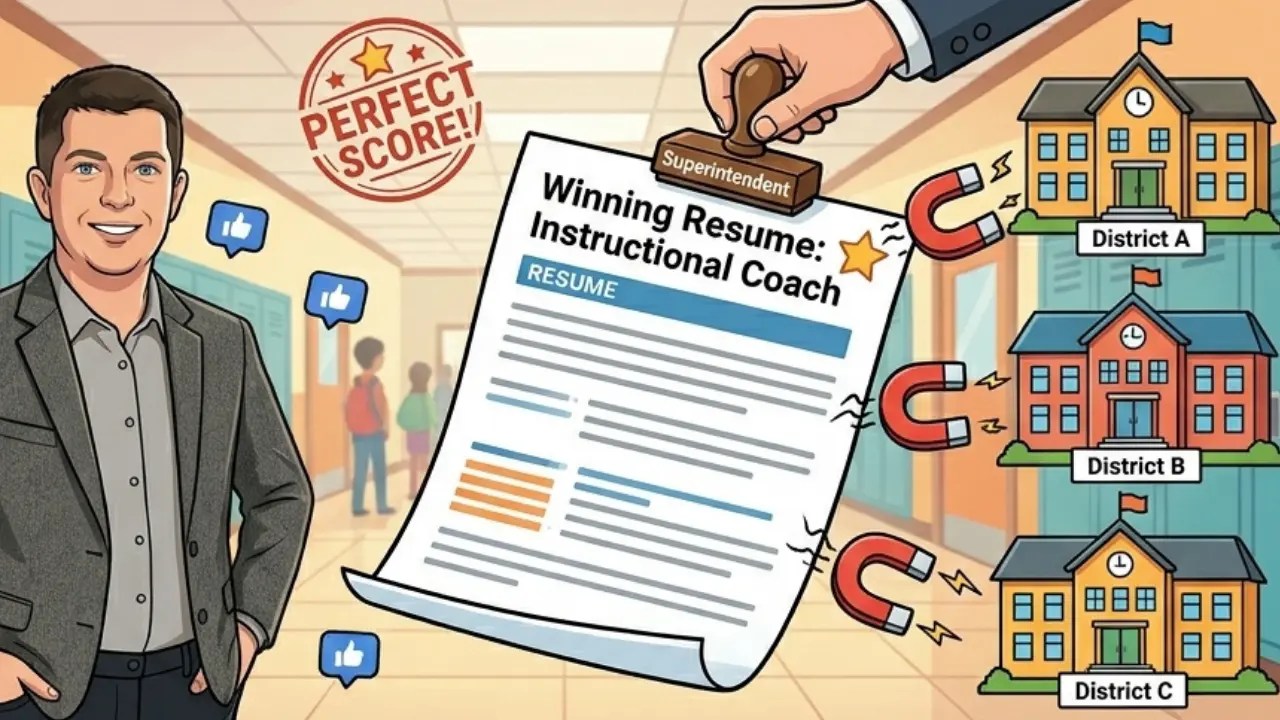 Cartoon illustration of an educator holding a highly optimized instructional coach resume, magnetically attracting school districts.