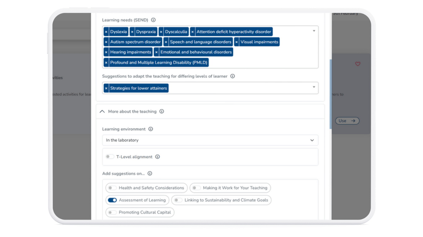 A screenshot of a TeacherMatic AI generator showing the prompt options that can be added to tailor results for SEND learners.