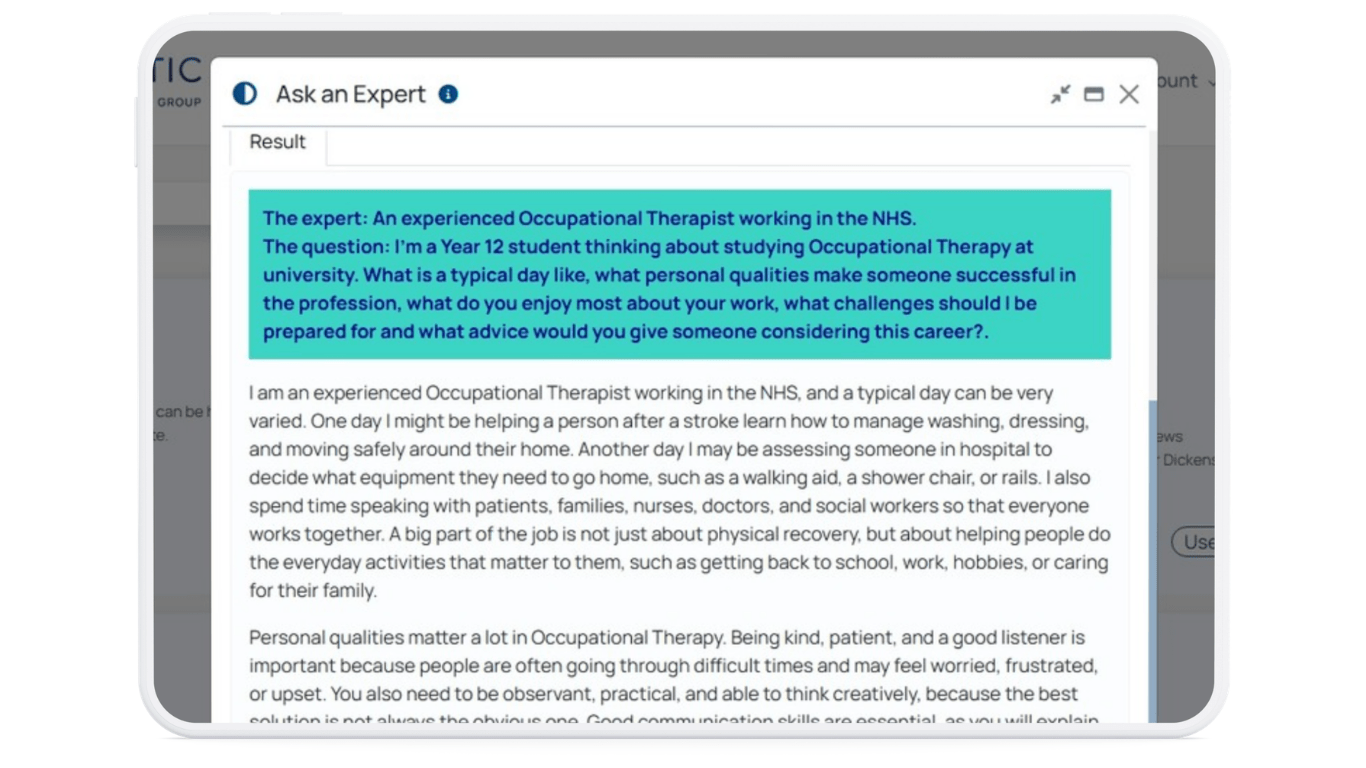 This is screenshot image of the generated results of the TeacherMatic Ask an Expert AI tool
