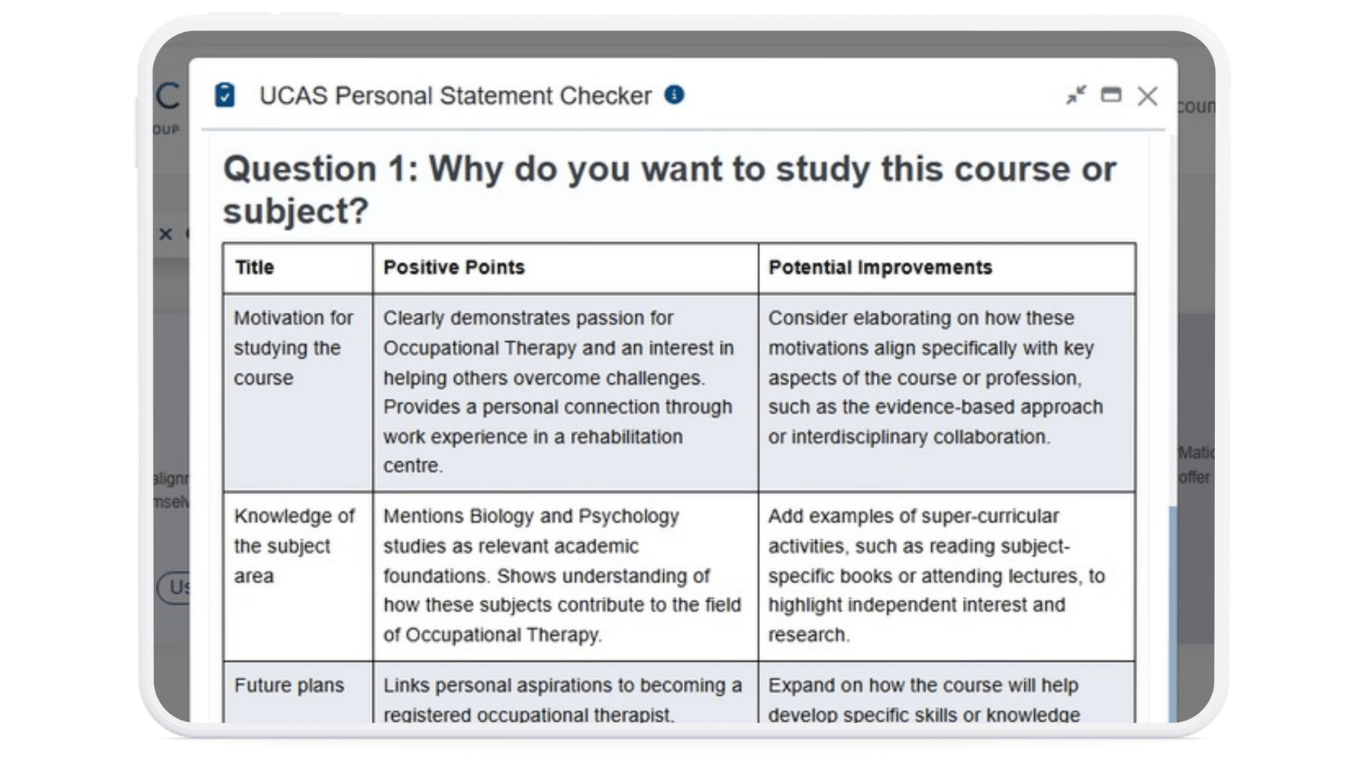 This is screenshot image of the generated results of Question 1 from the TeacherMatic UCAS Personal Statement Checker AI tool