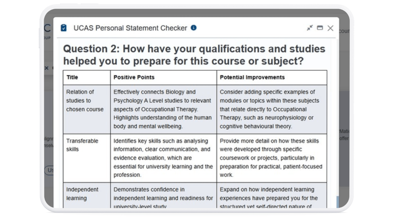 This is screenshot image of the generated results of Question 2 from the TeacherMatic UCAS Personal Statement Checker AI tool